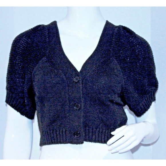 JUICY COUTURE Cropped SHORT Black KNIT Cotton SWEATER Cardigan PUFF Sleeves XS - Picture 1 of 2